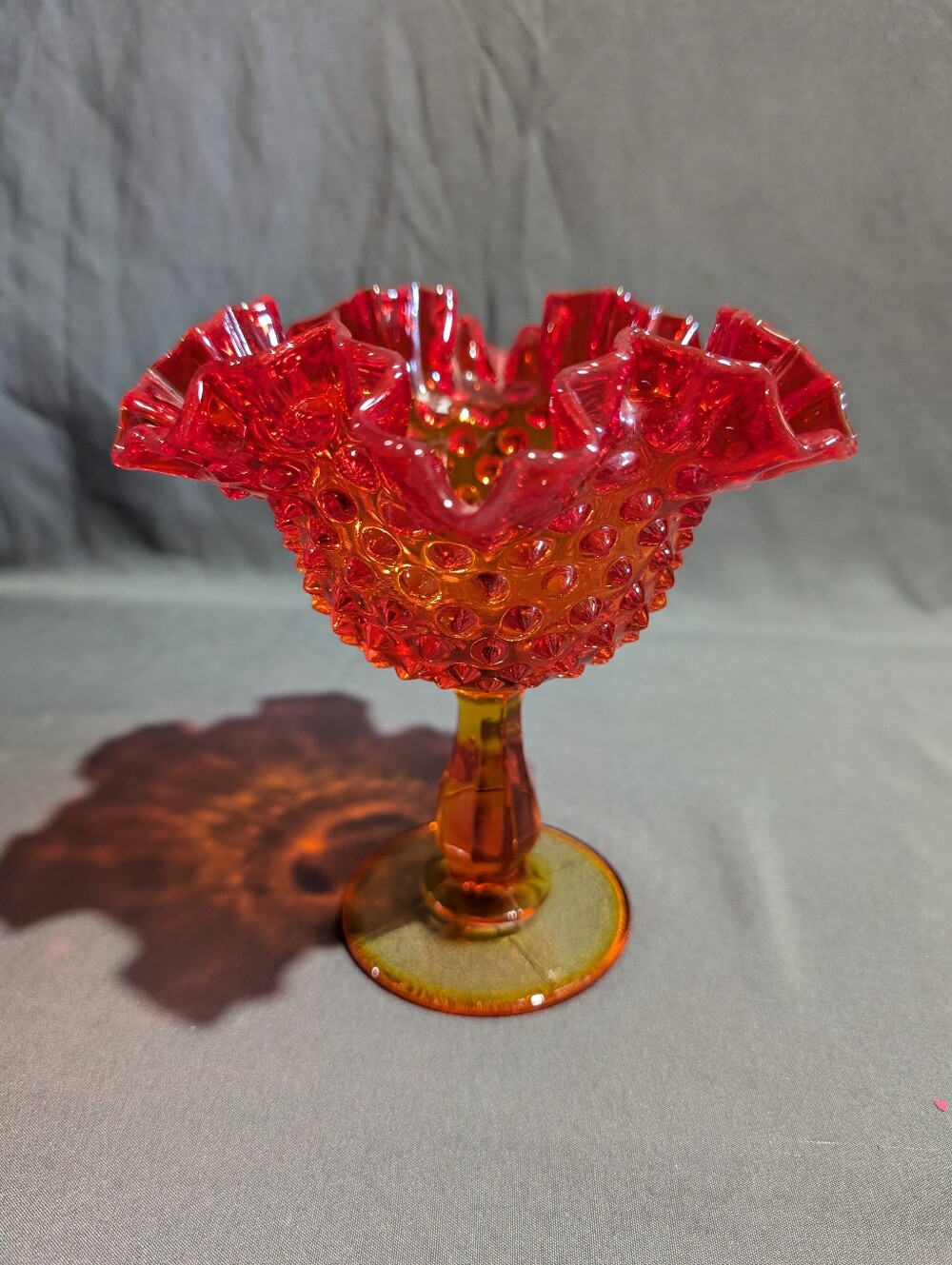 Vintage Fenton Amberina Hobnail Ruffled Compote Pedestal Dish Glows